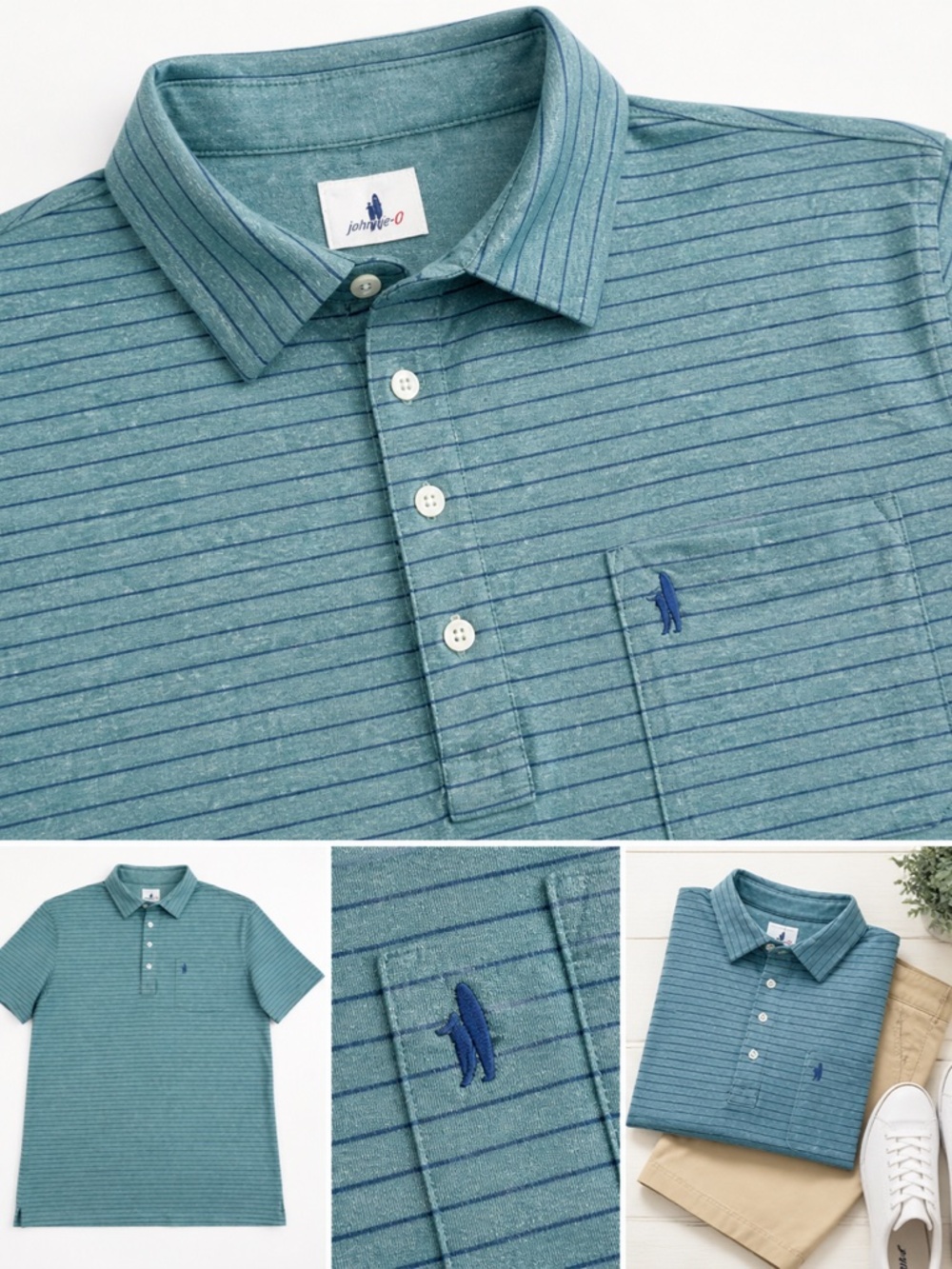 Johnnie-O Performance Polo Men’s Large Green Blue Striped Golf Shirt Stretch
